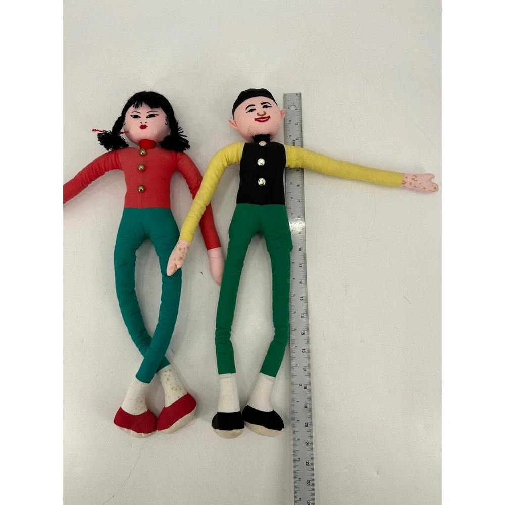 VTG Pair of Sitter Kneeler Dolls Chinese Hong Kong Cloth Girl And Boy Long Limbs